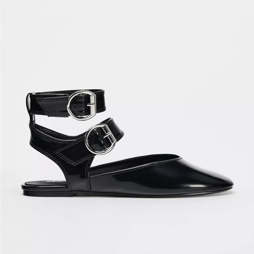 Zara Black Patent Strappy Flats